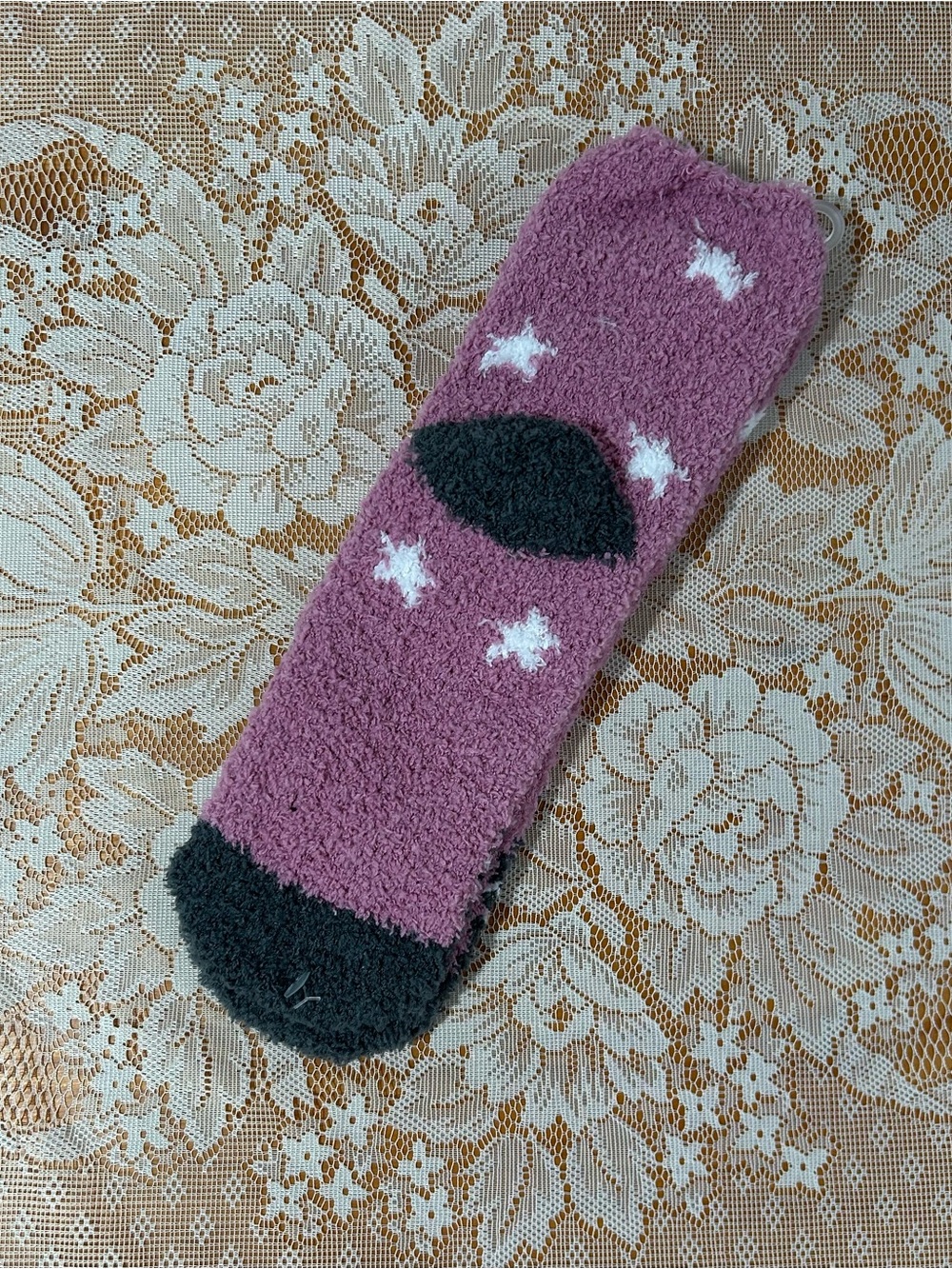 Cozy Pink Star Fuzzy Socks with Black Cat Accent - Picture 2 of 2